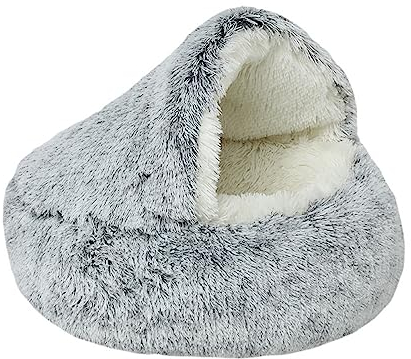 Freyamy Hundebett Katzenbett Rund Halb Geschlossener mit Kapuze Kleine Hunde und Katzen Haustierbett Waschbar rutschfest Hundebetten Lang Plüsch Verdicktes Warmes Hundekorb Farbverlauf Grau Ø50CM