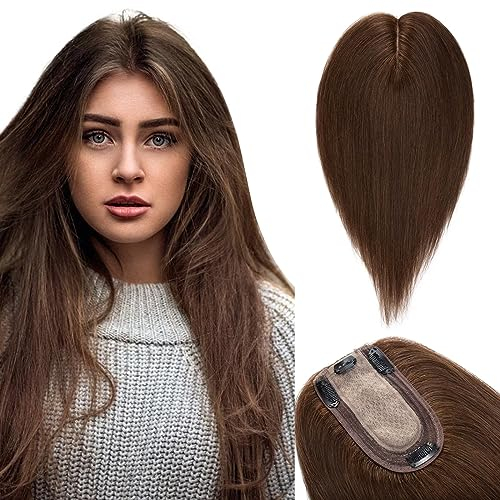 TESS Hair Topper Echthaar Braun, 10x12cm Basis Toupet Damen #4 Braun Haartopper Echthaar 35g 25 cm Haar Topper Clip in Haarteil Extensions