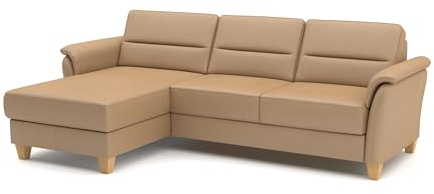 CAVADORE Leder-Eckcouch Palera mit Longchair / Landhaus-Sofa mit Federkern + massiven Holzfüßen / 244 x 89 x 163 / Leder Beige