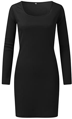 Women's Knitted Dress - Scoop Neck - Long Sleeve - Plain - Fine Knit - Ribbed - High Elasticity - Slim Fit - Bodycon - for Autumn Winter - Mini Dress - Jumper Dress - Knitted Dress, black, L