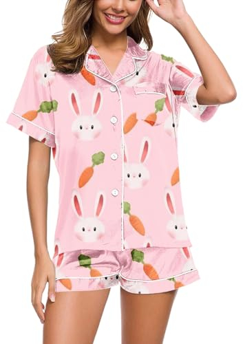 KBOPLEMQ Ostern Pyjama Set Damen Zweiteiler Osterhase Druck Y2K Damen 2-teiliges Bequeme Weich Schlafanzug mit Shorts Schlafanzug Set Bequeme Revers Cami Bluse Kurzärm mit Knöpfen