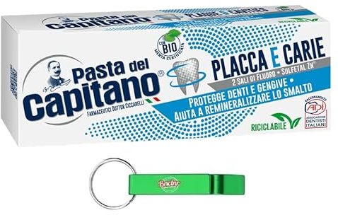 12x Pasta del Capitano Dentifricio Placca e Carie Zahnpasta Die beste Lösung gegen Plaque und Karies 100ml + Beni Culinari Kostenloser Schlüsselanhänger