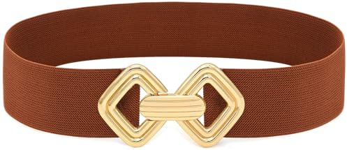 BAOKELAN Breite Elastische Taillengürtel für Frauen Dehnbare Skinny Gürtel mit Goldschnalle für Kleider Braun Gold 75cm/30in
