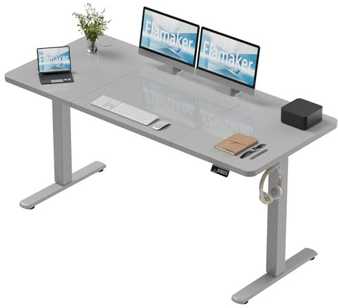 Flamaker Electric Standing Desk 140x60cm Height Adjustable 73-118cm 4-Button Memory Control & LED Display Heavy-Duty Steel Frame 60kg Weight Capacity Anti-Collision Hook & Cable Port,Grey