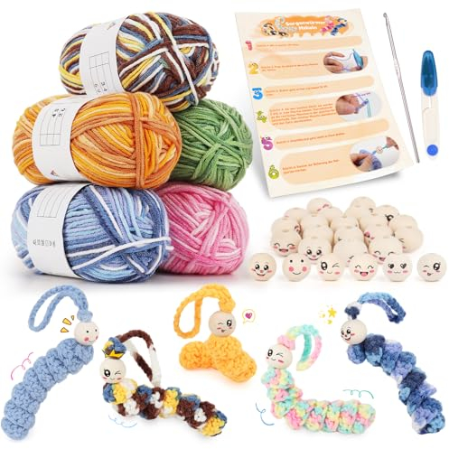 Aeeque Sorgenwürmchen Häkeln Set, Glückswürmchen Häkelset mit 60pcs Holzköpfe 20mm, 250g Häkelgarn, 3.5mm Häkelnadel, DIY Häkel Set mit Anleitung, Sorgenwürmchen Heckel-set für Anfänger