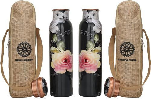 Juego de 2 botellas de agua de cobre puro de 34 onzas con bolsa de transporte para beber tapa a prueba de fugas, recipiente grande de cobre hecho a mano para viajes, gimnasio, oficina, senderismo,
