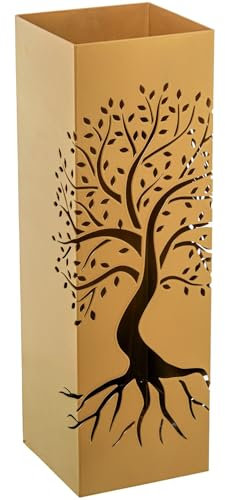 DRW Porte-parapluie carré en métal avec arbre de vie doré 15,5 x 15,5 x 49 cm