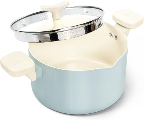 MICHELANGELO 6 Qt Ceramic Nonstick Pasta Pot with Strainer Lid, Soft Aqua | Twist-lock straining cookware with rotating handles and induction-ready base for ramen, noodles, seafood and quick meals