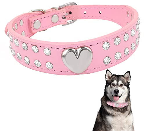 Lotsdonxia Verstellbares rosa Kristall-Haustierhalsband - PU-Leder-Haustierhalsband mit Strasssteinen für kleine und mittelgroße Hunde, Kätzchen und Welpen (M)