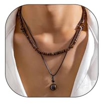 GIGB PBDK Geschichtete Boho-Halsketten für Herren, stapelbar, Holzperlen, Kokosnussschale, türkis, Lederschnur, trendiger Modeschmuck, Geschenk