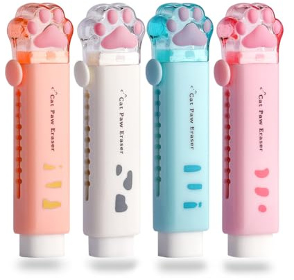 SGERUFZ 4 pcs Katzenpfoten-Radiergummi, niedlicher kawaii Schulbedarf, einziehbarer Cartoon-Radierer
