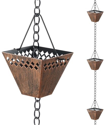 HANAYARD Quadratische Regenkette, Regenrinne, Fallrohr, Kupfer, Regenketten für Dachrinnen mit 12 Tassen, verstellbare Regenfangkette mit Glocke für den Außenbereich, Wasserumleiter, Garten
