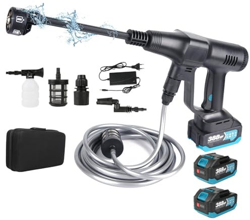 Hidrolimpiadora Batería, Máximo 200 Bar, Hidrolimpiadora de Alta Presión con 2x Batería 15000mAh, Boquilla 6 en 1, Boquilla Ajustable y Manguera 5m, Pistola de Agua a Presión Coche Suelo Jardín, Negro