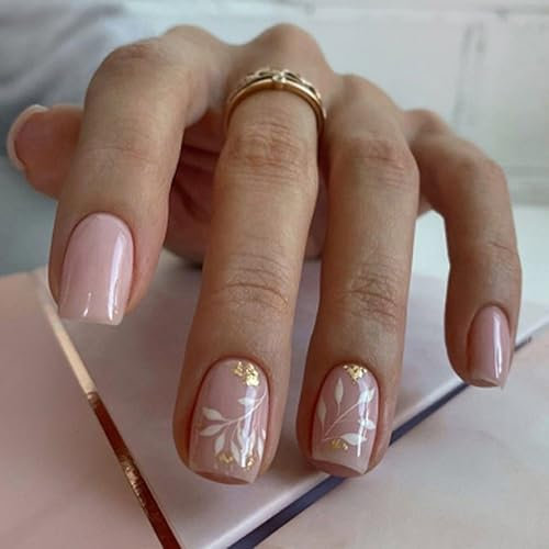 GlamRays Press on Nails Short Square Fake Nails Shiny Adhesive Nails White Acrylic Nails Squoval Bling Glitter Art Nails Spring Grass Flower Stickers False Nails 24 Pieces