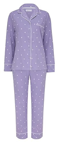 SNOOZE OFF Damen Schlafanzug | Pastellgrün mit Weißen Herzen | 100% Baumwolle | Klassischer Pyjama mit Weißer Kontrastpaspelierung | V-Ausschnitt & Brusttasche | Lange Ärmel & Hose
