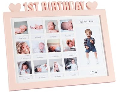 Cretosou Baby Bilderrahmen Mein Erstes Jahr, Rosa Babybilderrahmen Fasst Mehrere Fotos Bilderrahmen Baby 1-12 Monate My First Year, Geschenke für Neue Mütter und Väter