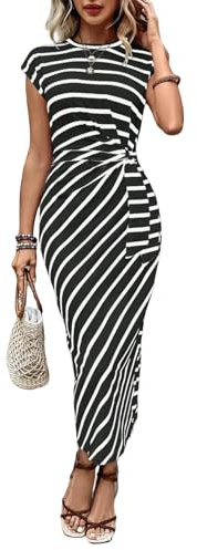 LIUYUYOUGO Womens Casual Midi Dress Striped Crew Neck Ruched Bodycon Dresses Sexy Cap Sleeve Tight T-Shirt Long Pencil Skirt Elegant Tie Waist Sundress Print Maxi Frock