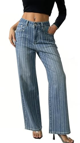 Fakanhui Damen Jeans mit glitzernden glänzenden Strass-Perlen, gerades Bein, Hose, Pailletten, Party, Club, Straßen-Outfits, Hell, blau, Groß