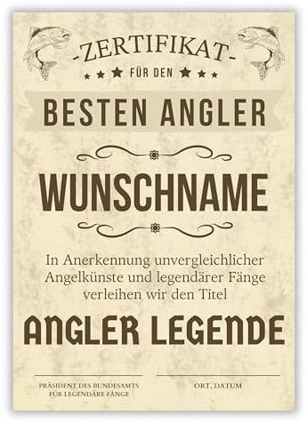 Palanemo Urkunde Angeln Personalisiert Geschenk Poster Zertifikat Geburtstag lustiger Scherzartikel für Angler Männer