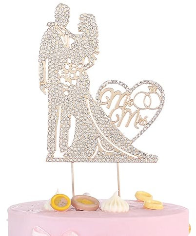 GVSS Figurine Gateau Mariage Or 23,5 x 10cm, Topper Métallique Bridal et Groom,Décoration de Gateau de Mariage avec Strass,Décoration Élégante pour Fiançailles et Saint-Valentin