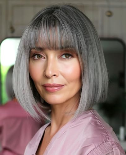 YEESHEDO Kurze Bob Grau mit dunkler Wurzel Haar Perücken Gerade mit Flach Pony Synthetische Bunte Cosplay Tägliche Party Perücke für Frauen Natürliche Wie Echthaar 30 cm