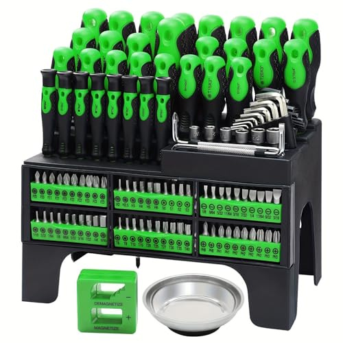 Magnetic Screwdriver Set with Storage Rack 118 Pieces for Home DIY Tasks | CR V steel blades PP TPR comfort grip handle ideal for mechanical work suitable for both men and women easy screw retrieval