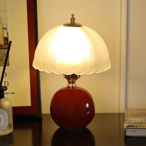 Mengjay Keramik Tischlampe, E27 Nachttischlampe,Nachttisch Lichtdekoration Schreibtischleuchten,Lampenschirm aus Glas,Fensterbank lampe Leselampe Wohnzimmer Tischleuchte (Rot)