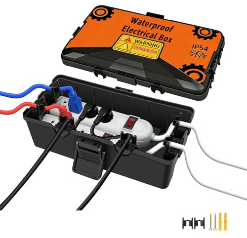 Medium Outdoor Waterproof Electrical Box,Extension Cord Box for Power Strip | NineLeaf IP54 Extension Cord Cover w/6 Cable Entry Ports, Weatherproof Connection Box for Timer, Holiday Lights, Black