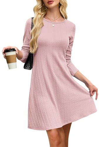 AUSELILY Womens Jumper Dress Long Sleeve Knitted A Line Mini Dresses | Soft rayon spandex knit dress with stylish texture. Features round neck & A-line swing shape for casual autumn and winter