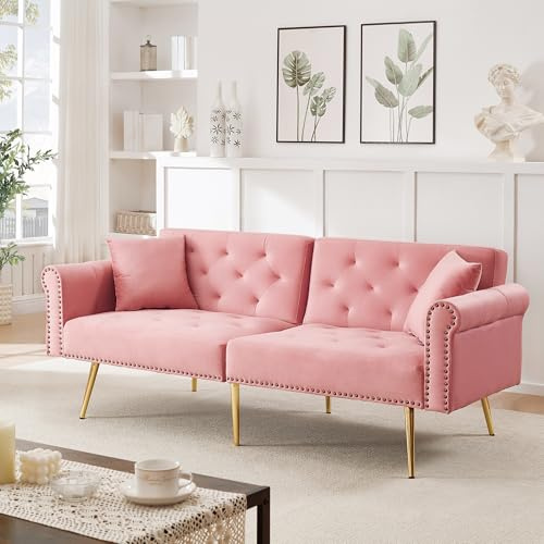 Sapgaks Canapé-lit 2 Places Moderne, Dossier réglable sur 3 Positions, Canapé Double Pliant, Pieds en métal, Canapé-lit Multifonction 2 en 1 avec 2 Coussins, Velours, Convient pour Le Salon, Rose