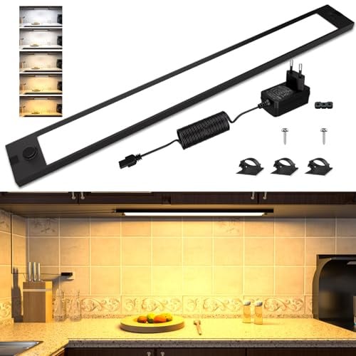 WOBANE 60cm Unterbauleuchte Küche LED, Aluminium, 5 Farben Dimmbar, 1200LM | Helle Schrankbeleuchtung Flach für Regal,Arbeitsplatte,24V,Schwarz