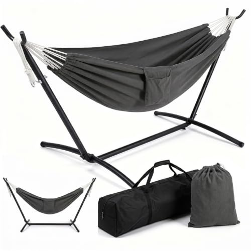 Sekey Hängematte mit Gestell, 150x200cm XXL-Liegefläche, Kokon-Effekt Baumwollhängematte, Tragkraft bis 200 kg, Höhenverstellbar, inkl. 2 Tragetaschen für Garten, Balkon & Camping,Anthrazit