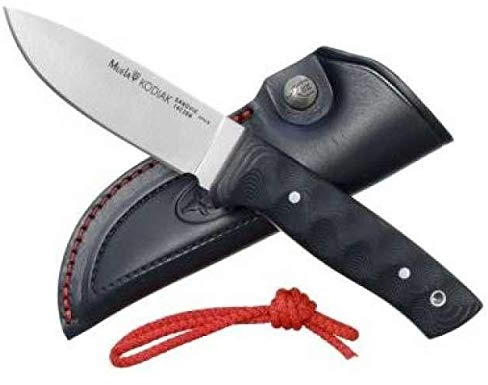 Muela Cuchillo Kodiak KODIAK-10SV.M hoja de acero Sandvick 14C28N de 10 cm y empuñadura de micarta negra para Caza, Pesca, Supervivencia y Bushcraft Realizado en Ciudad Real + Portabotellas de regalo