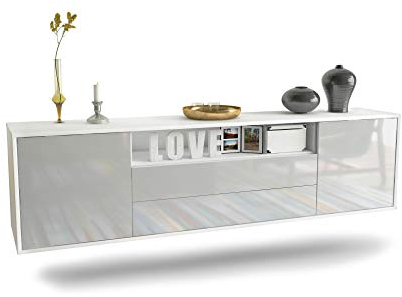 Dekati Lowboard Stockton hängend (180x49x35cm) Korpus Weiss matt - Front Hochglanz Weiß - Push to Open