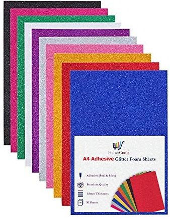 Self Adhesive Glitter Foam Sheets Sticky Craft Foam Stickers Peel & Stick EVA Foam Shiny Glittery Sparkle Flexible Soft Touch Easy Cut 210mm × 297mm A4 Size 1.8mm Thick (10 Colours – 10 Sheets)