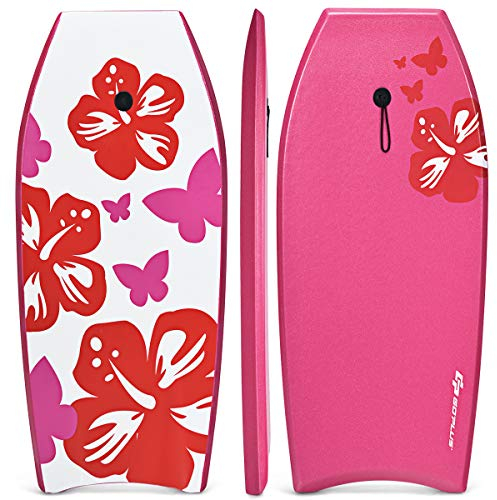 GOPLUS Bodyboard mit Fuß - Zugseil, Schwimmbrett Erfüllt mit EPS Schaumstoff, Surfboard bis zu 85 kg Belastbar, Auch als Schwimmhilfe mit Einer Größe von 105 x 51 cm, Verschleißfest (Rosa)