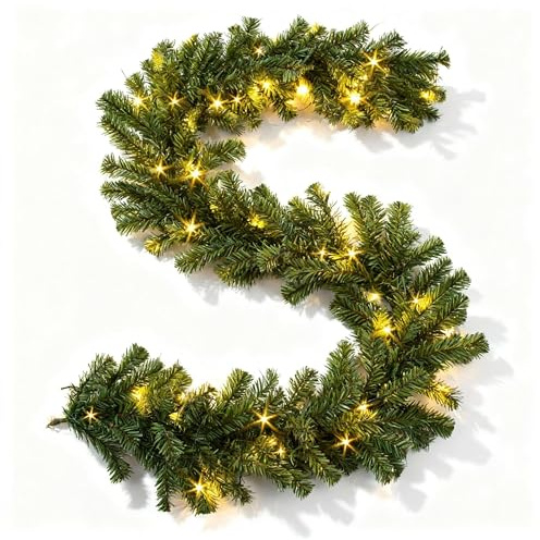 2m Christmas Garland with Warm White LED Lights - Imperial Green Pine Artificial Garland for Home, Office, Fireplace, Doorways, Stairs,Arch,Mantle Holiday Decorations