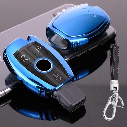 Coque de clé intelligente en TPU pour Mercedes Benz, 2 à 3 boutons, compatible avec Benz A/C/E/S/R/G/GLA/GLC/GLK/A209/W164/W245/W212/W204, avec porte-clés en cuir, bleu