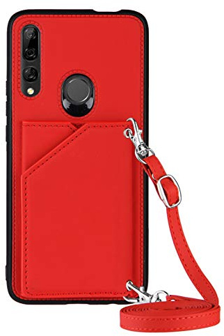 Paekear Handykette für Huawei P Smart Z / Y9 Prime 2019, PU-Leder Hülle- Handyhülle mit Band zum Umhängen - Klapptasche Handytasche Case mit Handy-Kette, Kartenfach und Portmonee, Rot