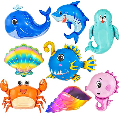 8 Stück Meerestiere Folienballon, XXL Fisch Luftballons, Seelöwe Hai Wal Seepferdchen Krabbe Muschel Ballons, Ozean Tiere Helium Riesenballon für Kinder Geschenk Geburtstag Jubiläum Ozean Thema Party