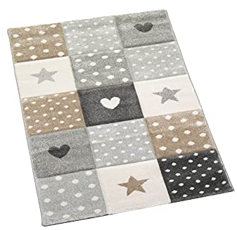 CARPETIA Kinderteppich Kinderzimmer Spiel Teppich Punkte Herz Stern Design braun beige grau Größe 80x150 cm