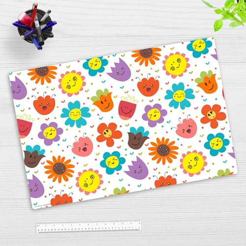 Schreibtischunterlage für Kinder und Erwachsene – “Niedliche Blümchen“ – aus erstklassigem Vinyl (Kunststoff) – 60 x 40 cm – Rutschfeste Schreibunterlage mit bestem Schutz – Made in Germany