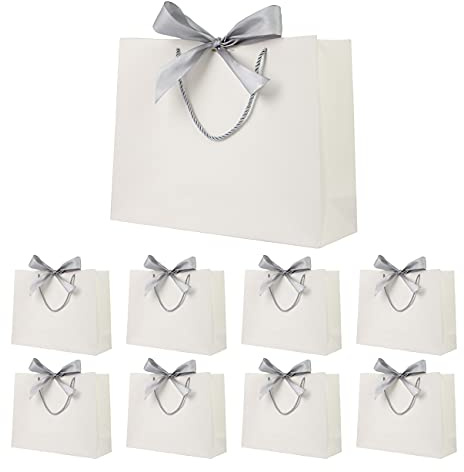 Yieseang White Gift Bags for Presents,Luxury Present Bags with Ribbon | Ideal for Bridesmaids,Wedding,Birthday,Hen Party,Christmas,Bridal Shower,8 Pack,White,Silver Ribbon Bow,32x25x10cm