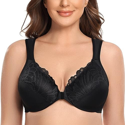 CASOLACE Women's Sexy Lace Plus Size Underwired Unlined Front Fastening Bras Black 46G