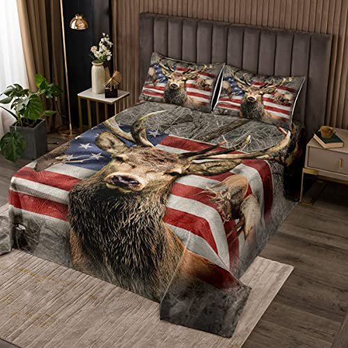 feelingyou Amerikanische Flagge Hirsch Bettdecke 220×240 cm, Braun Wildtier und Bäume Thema Tagesdecke mit 2 Kissenbezügen, Rot Blau USA Flagge Print Naturgesteppt für Mädchen Teens Present