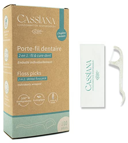 Fil dentaire Cassiana - Porte fil dentaire, 100 sachets individuels. Biodégradable. Manche cure-dents. Floss Picks bâtonnet jetable. Idéal déplacements voyages. Stick flosser nettoyage interdentaire.