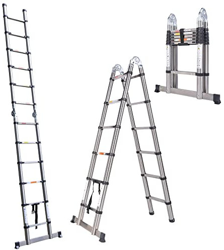 3.8M /1.9M+ 1.9M Multipurpose Telescopic Folding Ladder - Stainless Steel Telescoping Extension Ladder, Max Load 150kg/330lb, for Decorating, Painting