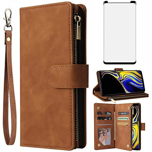 Asuwish Handyhülle für Samsung Galaxy Note 9 Hülle mit Folie Schutzfolie und Kartenfach Klappbar Leder Geldbörse Ständer Reißverschluss Schutzglas Note9 Handy Hüllen Schutzhülle Phone Case Braun