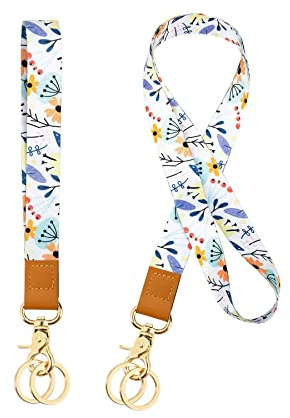 Courroie de Cou de Lanière, Porte-clé Clef Bracelet Lanière Tour de Poignet Cordon Strap, Imprimé Fleuri Personnalisé, Pour Porte Badges d'Identification,Clés,Caméra,Téléphone Portable (Blanc)