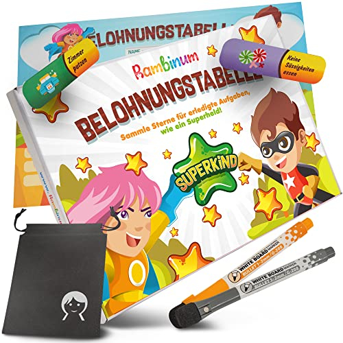 Bambinum Belohnungstafel für Kinder Magnettafel inkl. Zubehör | Belohnungstabelle Superkind - Sammle Sterne für erledigte Aufgaben | Belohnungssystem | Routine Planer Kinder | Wochenplaner Kinder